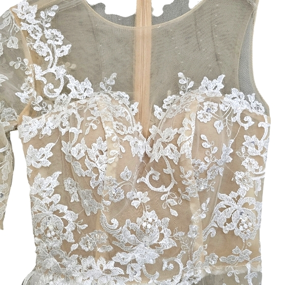Nwt Ballbella Ivory/Nude Illusion Lace One Shoulder Longsleeve Bridal /Jumpsuit - Picture 7 of 16